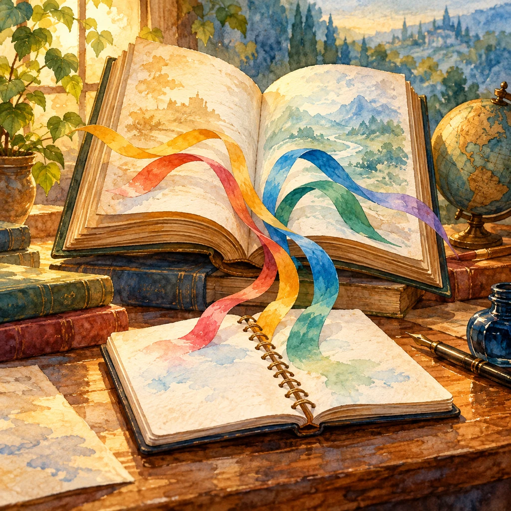 Imagen simbólica: Un libro abierto con varias cintas de colores que convergen en un cuaderno de traducción.