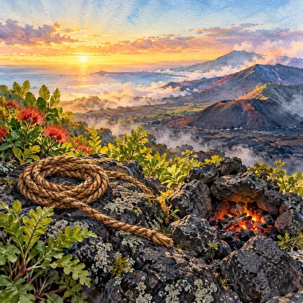 Ilustración simbólica: Una cuerda enrollada y unas brasas entre rocas volcánicas al amanecer.