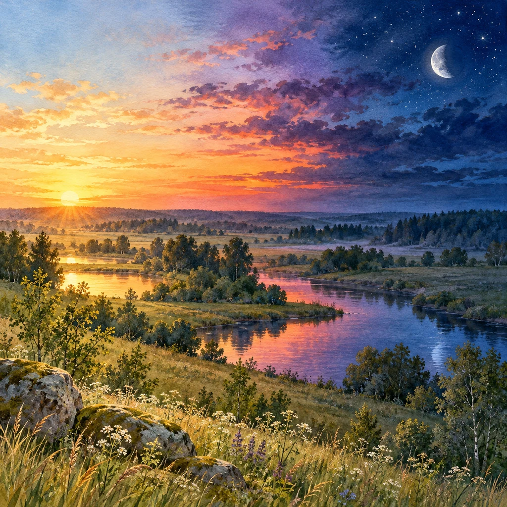 Ilustración simbólica: Tonos de amanecer, crepúsculo y noche sobre un paisaje bajo de bosques y lagos.