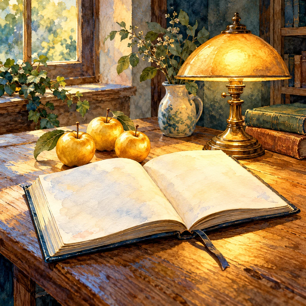 Imagen simbólica: Un cuaderno abierto junto a tres pequeñas manzanas doradas y una lámpara; sin escritura legible.