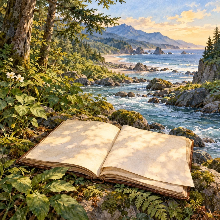 Imagen simbólica: Un cuaderno abierto junto a un río entre bosque y costa; dos hojas superpuestas evocan narración y traducción.