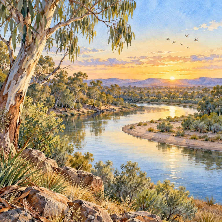 Imagen simbólica: Una curva del río y aves pequeñas a lo lejos, composición serena sin figuras humanas.