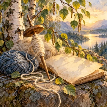 Imagen simbólica: Un huso, hilos y una hoja de libro junto a ramas de abedul.