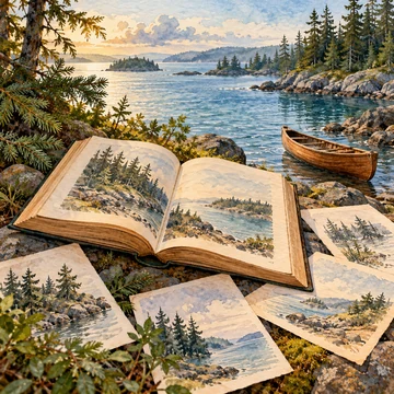 Imagen simbólica: Un libro abierto ante una costa de bosque, con una canoa pequeña y varias hojas separadas que sugieren fuentes distintas.