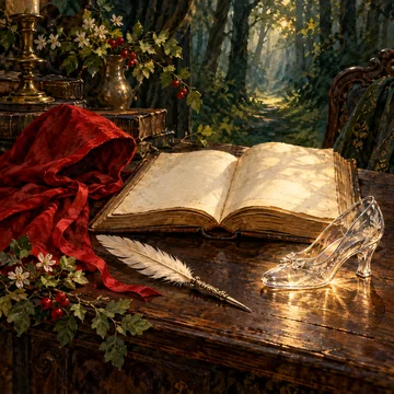 Un libro abierto, una pluma, una capucha roja y una zapatilla de vidrio sobre una mesa ante un bosque.
