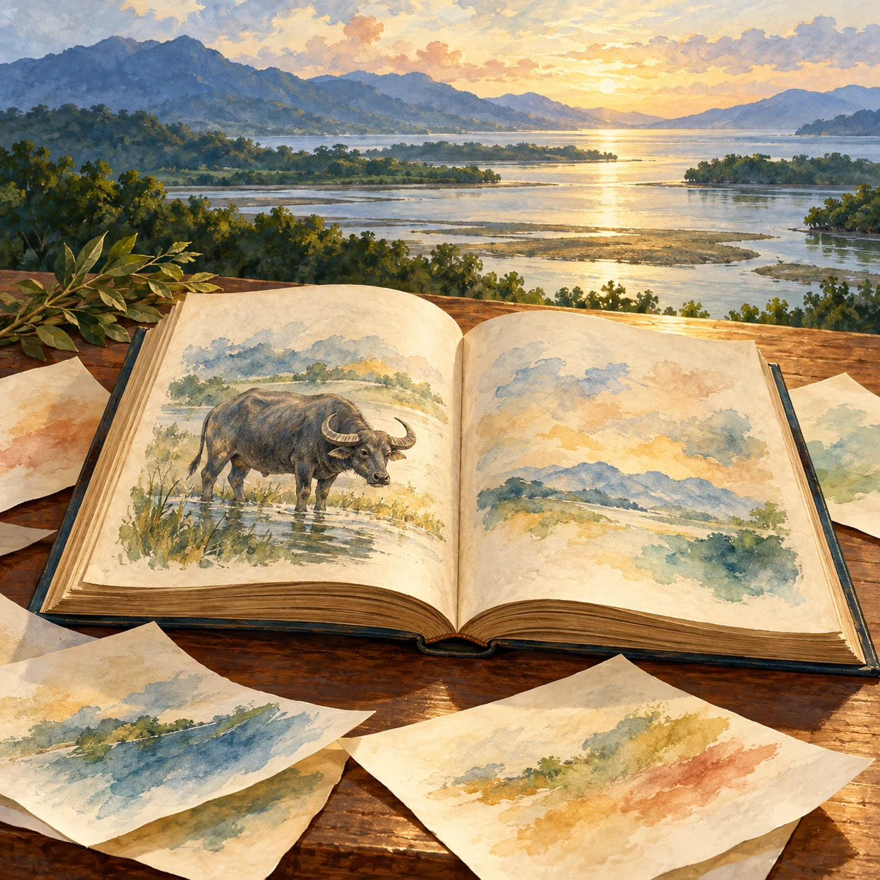 Un libro abierto muestra un carabao pintado; hojas sueltas rodean el libro ante un paisaje de agua y montañas.