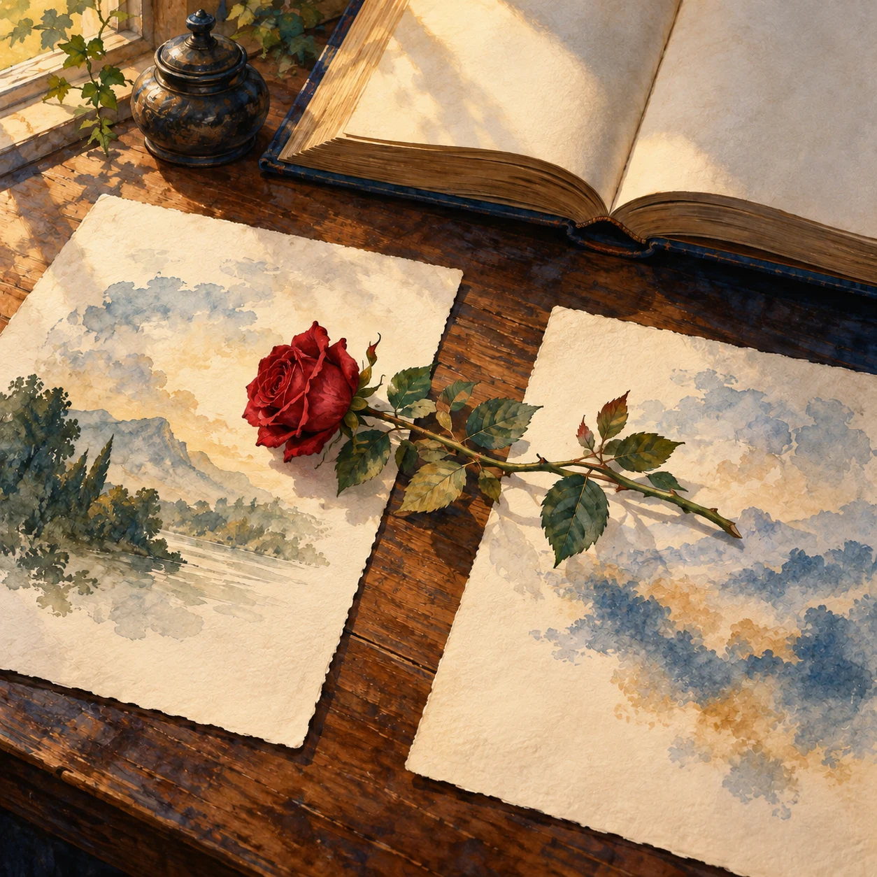 Una rama de rosal une dos hojas con manchas de acuarela sobre una mesa, delante de un libro abierto.