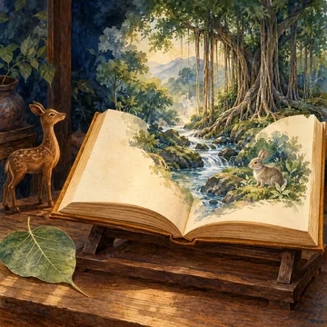 Imagen simbólica de la narración de los jātakas: un libro abierto hacia un bosque, un ciervo y un conejo.