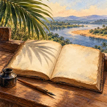 Ilustración simbólica de la recopilación de Elphinstone Dayrell: un cuaderno, tinta y una pluma ante un río y hojas de palmera.