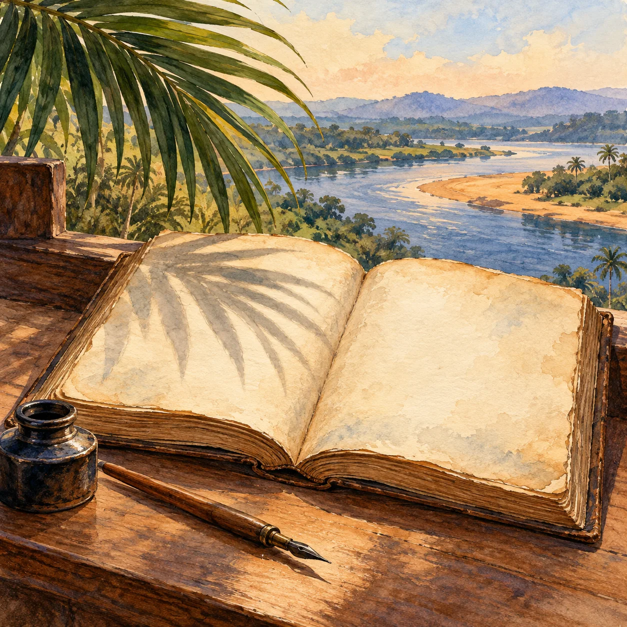 Ilustración simbólica de la recopilación de Elphinstone Dayrell: un cuaderno, tinta y una pluma ante un río y hojas de palmera.