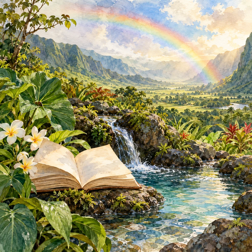 Ilustración simbólica: Un libro abierto junto a un manantial, con un arcoíris sobre un valle verde.