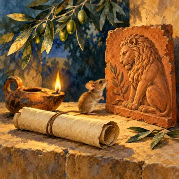 Imagen simbólica de la tradición esópica: un ratón, un relieve de león, una lámpara y un pergamino.