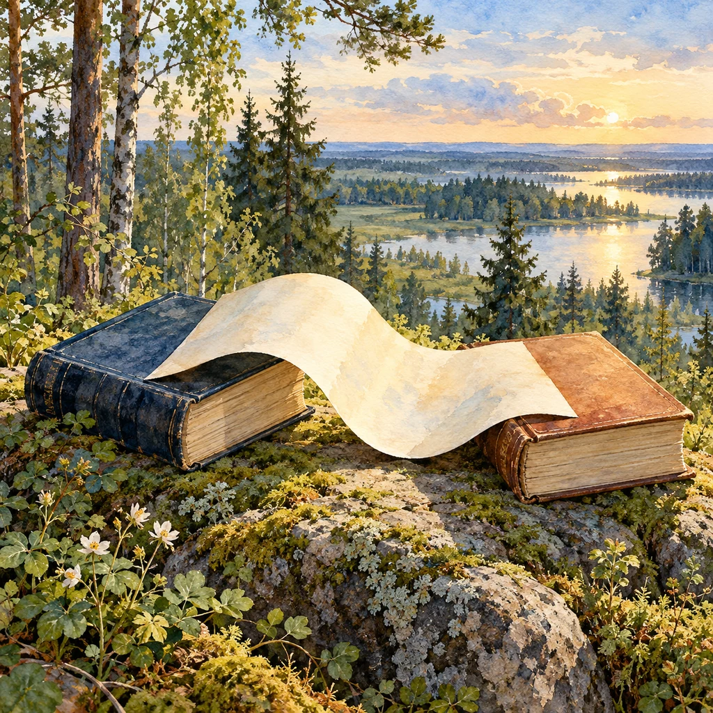 Ilustración simbólica: Dos libros unidos por una hoja desplegada junto a un bosque.