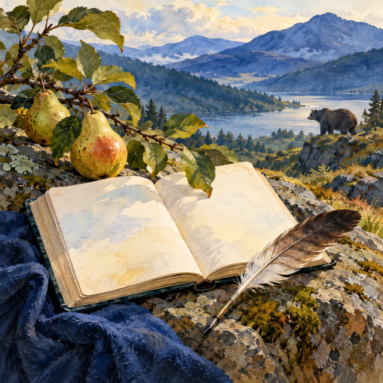 Un cuaderno abierto y una pluma junto a peras; un oso aparece a lo lejos ante las montañas.