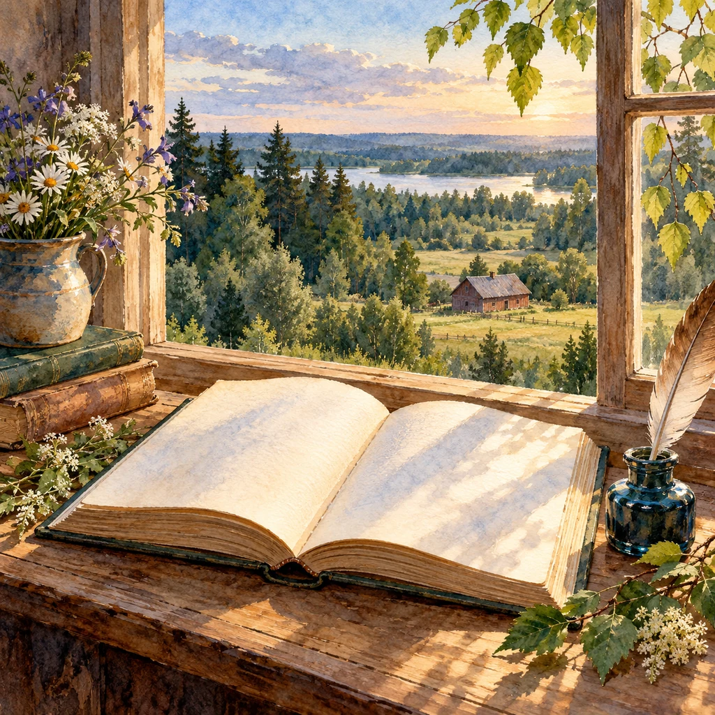 Ilustración simbólica: Un libro abierto ante una ventana hacia un bosque y un granero distante.