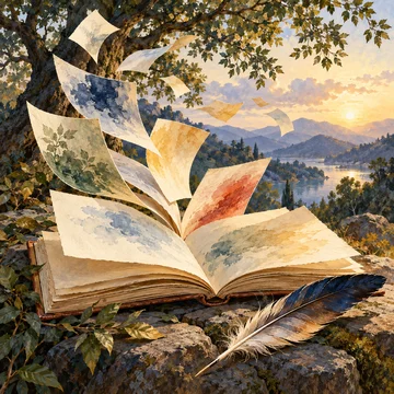 Un libro abierto, hojas sueltas con manchas de color y una pluma bajo un árbol, ante un paisaje de agua y montañas.