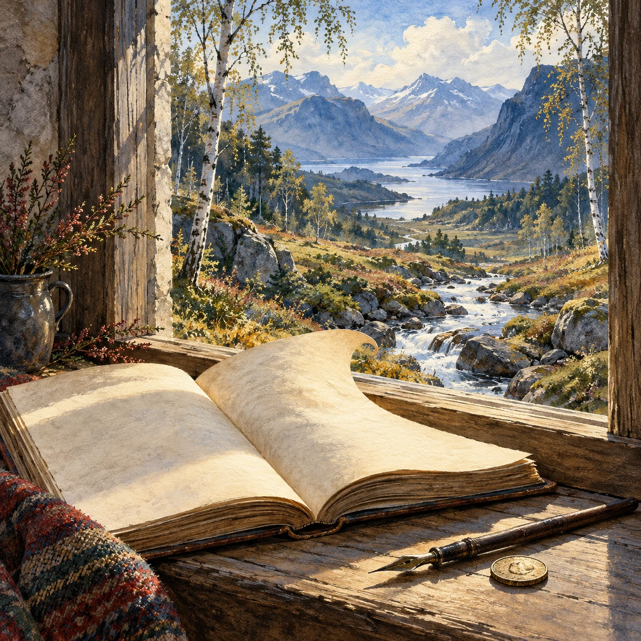 Ilustración simbólica de George Webbe Dasent: un libro abierto, una pluma y una moneda ante un paisaje noruego de abedules y montañas.