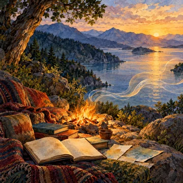 Un fuego pequeño junto al agua y las montañas; su humo ondula sobre libros y hojas abiertos.