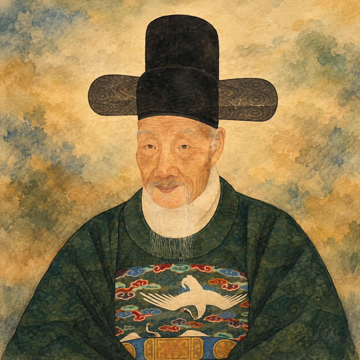 Retrato ilustrado de Im Bang con sombrero oficial negro, túnica verde y barba blanca, basado en un retrato histórico.
