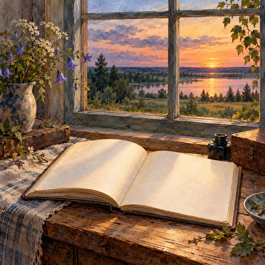 Ilustración simbólica: Un cuaderno abierto con páginas en blanco ante una ventana al crepúsculo.