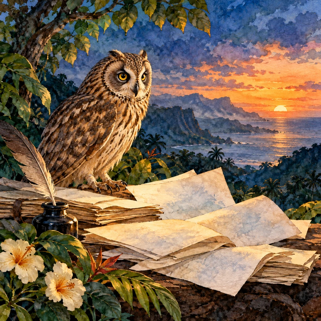 Ilustración simbólica: Un búho junto a hojas sin escritura al anochecer sobre una costa.