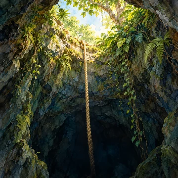 Ilustración simbólica: Una larga cuerda baja hacia una abertura oscura, rodeada de vegetación y luz.