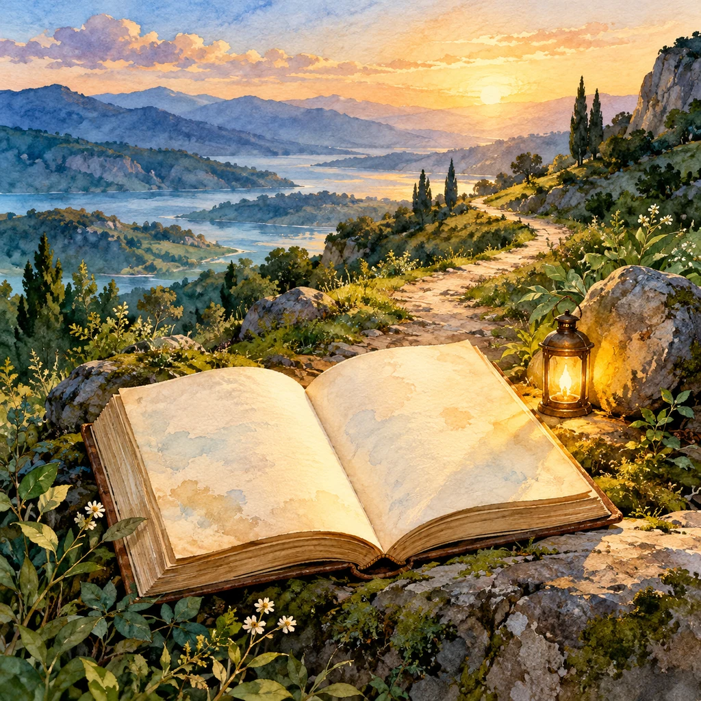 Imagen simbólica: Dos hojas de un libro, un camino y una pequeña luz junto a una piedra.