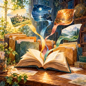 Imagen simbólica: Carpetas de archivo y un libro del que parten cintas hacia varios relatos.