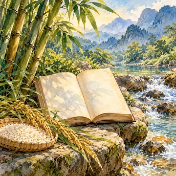 Ilustración simbólica: Un libro abierto junto a bambú, arroz y un cauce de agua.