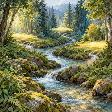 Ilustración simbólica: Un arroyo enlaza tres claros iluminados de un bosque.