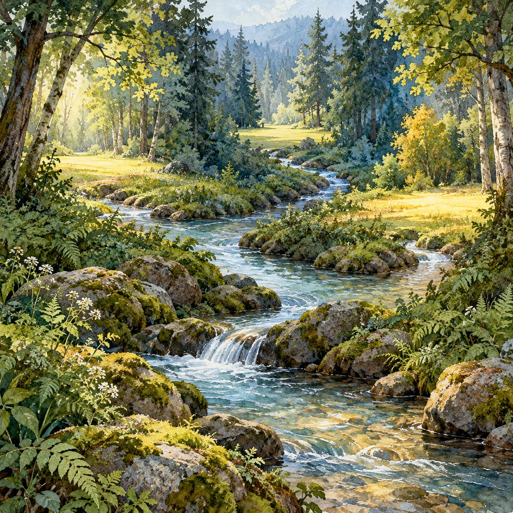 Ilustración simbólica: Un arroyo enlaza tres claros iluminados de un bosque.
