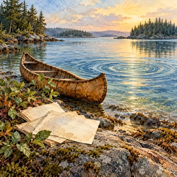 Ilustración simbólica: Una canoa junto a hojas en blanco en la orilla, cerca de círculos sobre el agua.