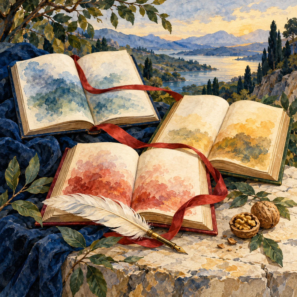 Tres libros abiertos unidos por una cinta roja, una pluma y nueces ante un paisaje luminoso.