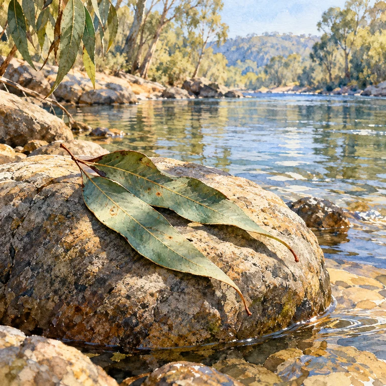Imagen simbólica: Dos hojas de eucalipto sobre una piedra al borde del río, con sombras suaves.