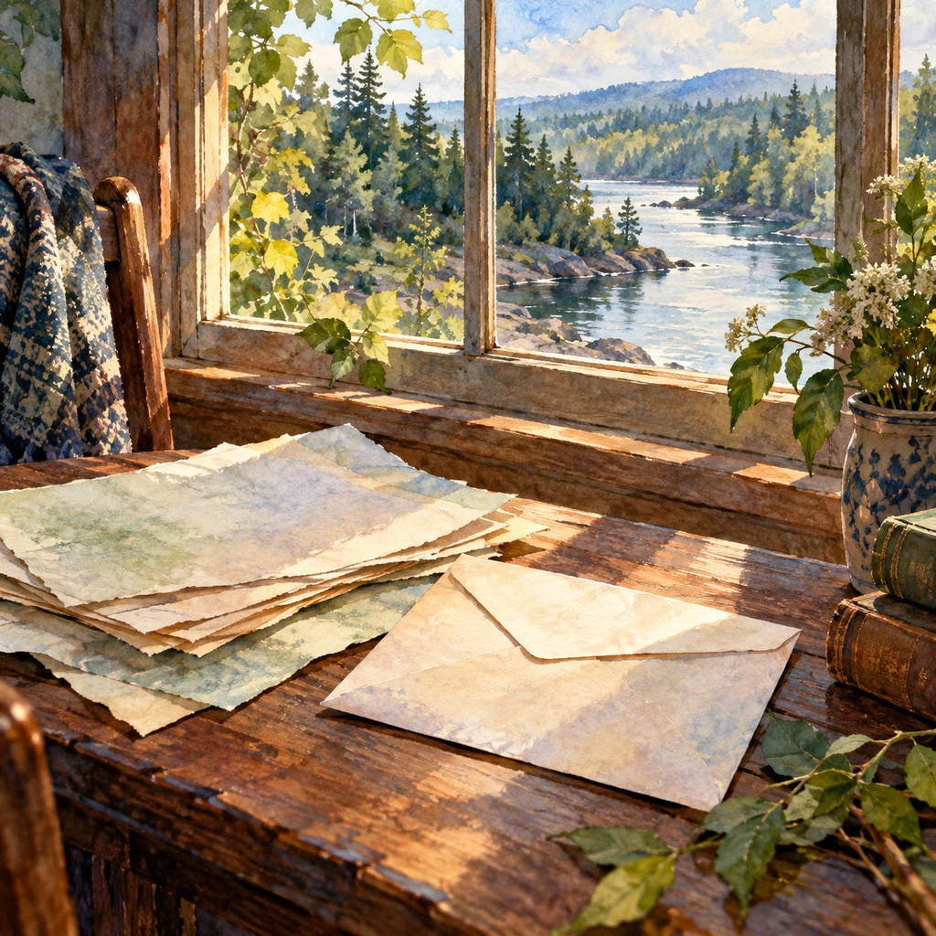 Ilustración simbólica: Hojas y una carta sin escritura junto a una ventana abierta hacia un río boscoso.