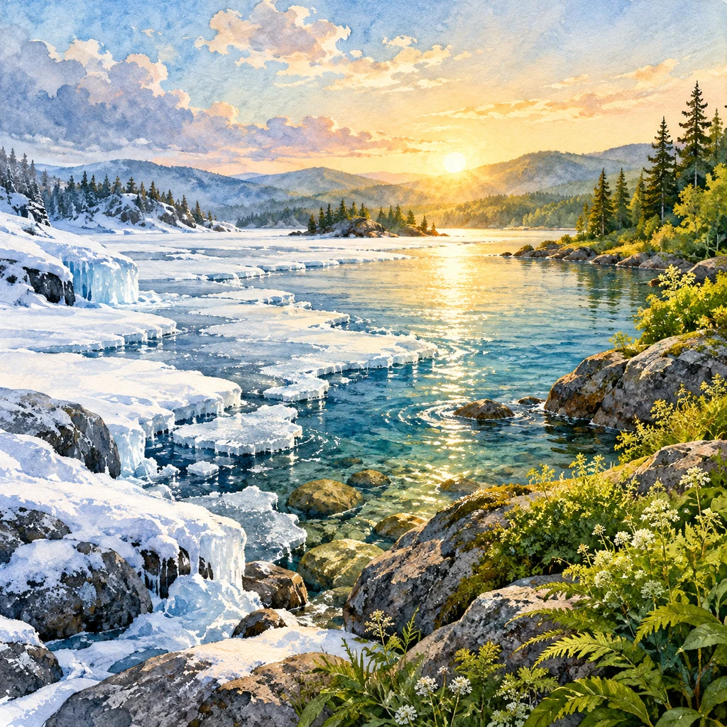 Ilustración simbólica: Una orilla pasa del hielo al agua luminosa y a la vegetación del verano.