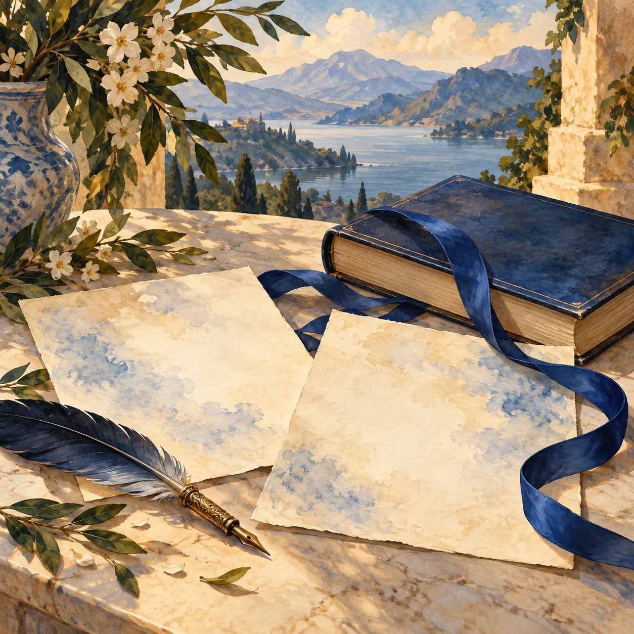 Dos hojas claras, una pluma y un libro azul cerrado enlazados por una cinta, junto a una ventana.