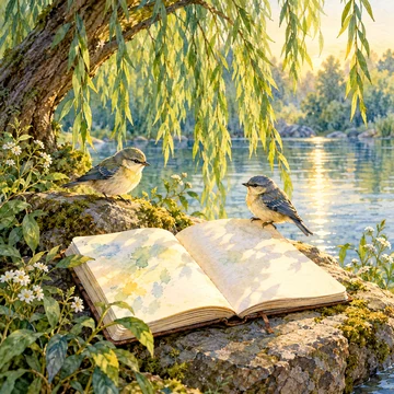 Imagen simbólica: Un cuaderno y dos aves pequeñas junto a un sauce y agua tranquila.