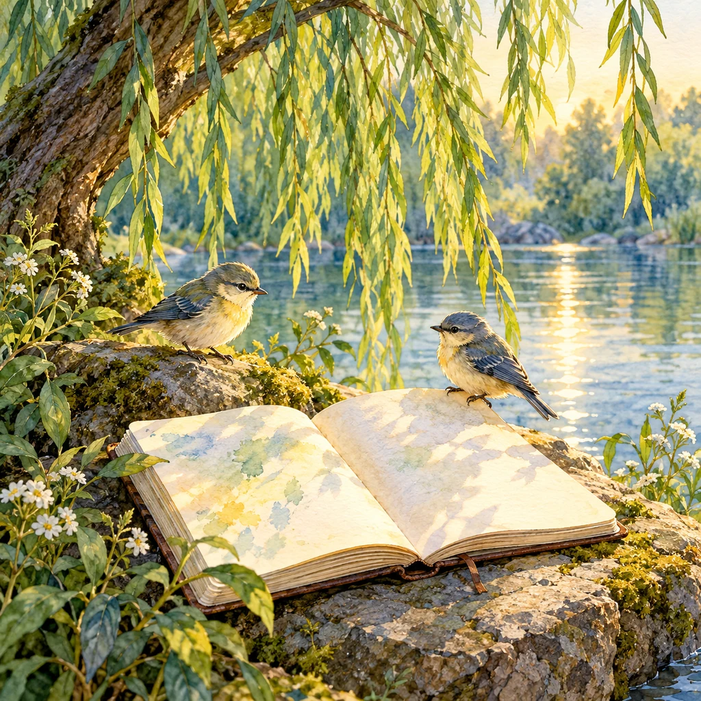 Imagen simbólica: Un cuaderno y dos aves pequeñas junto a un sauce y agua tranquila.