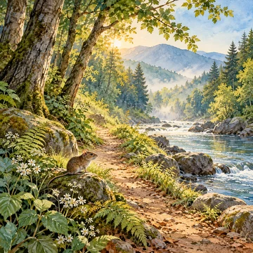 Imagen simbólica: Un sendero junto al río entre árboles, un pequeño ratón y la luz de la mañana; símbolo de historias vinculadas con Penri.