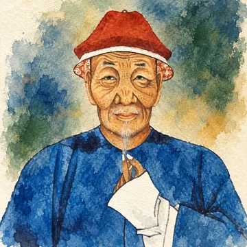 Retrato ilustrado de Pu Songling con gorro rojo, túnica azul y barba blanca, basado en un retrato histórico.