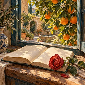 Un cuaderno abierto y una rosa roja junto a una ventana con ramas de naranjo cargadas de fruta.