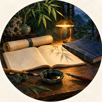 Ilustración simbólica de la labor de Richard Wilhelm: libros, un rollo, un pincel y una pluma bajo una lámpara.