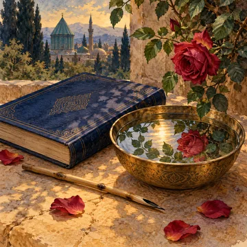 Imagen simbólica de la poesía de Rumí: un libro, una pluma de caña y rosas reflejadas en un cuenco.