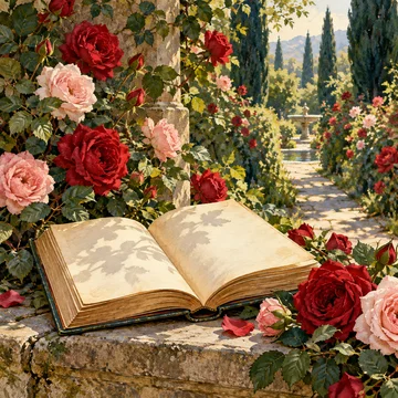Un libro abierto sobre piedra, rodeado de rosas rojas y rosadas, junto al sendero de un jardín.