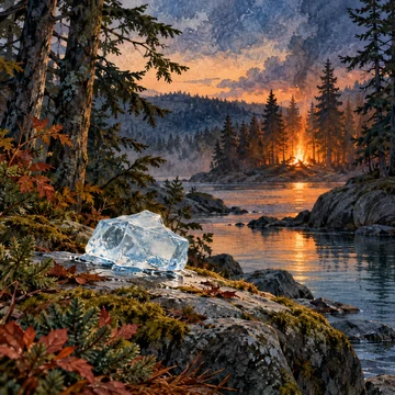 Ilustración simbólica: Un bloque de hielo sobre una roca y un fuego distante entre árboles.