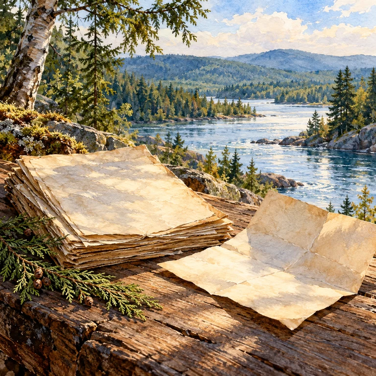 Imagen simbólica: Hojas de un manuscrito y una carta abiertas sobre madera, con río y bosque al fondo; símbolo del registro y la traducción, no retrato.