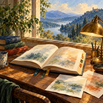 Un libro con separadores, hojas sueltas y una lámpara dorada junto a una ventana.