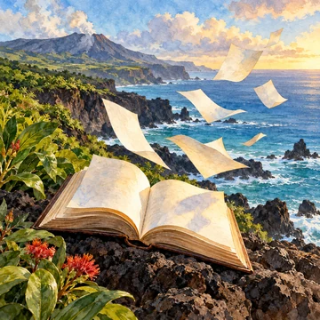 Ilustración simbólica: Un libro abierto y varias hojas sueltas ante una costa volcánica de agua azul.