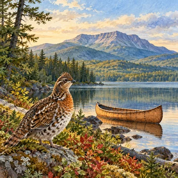 Imagen simbólica: Una canoa en agua quieta bajo una montaña distante, con una perdiz en primer plano; evocación de los cuentos que se le atribuyen.